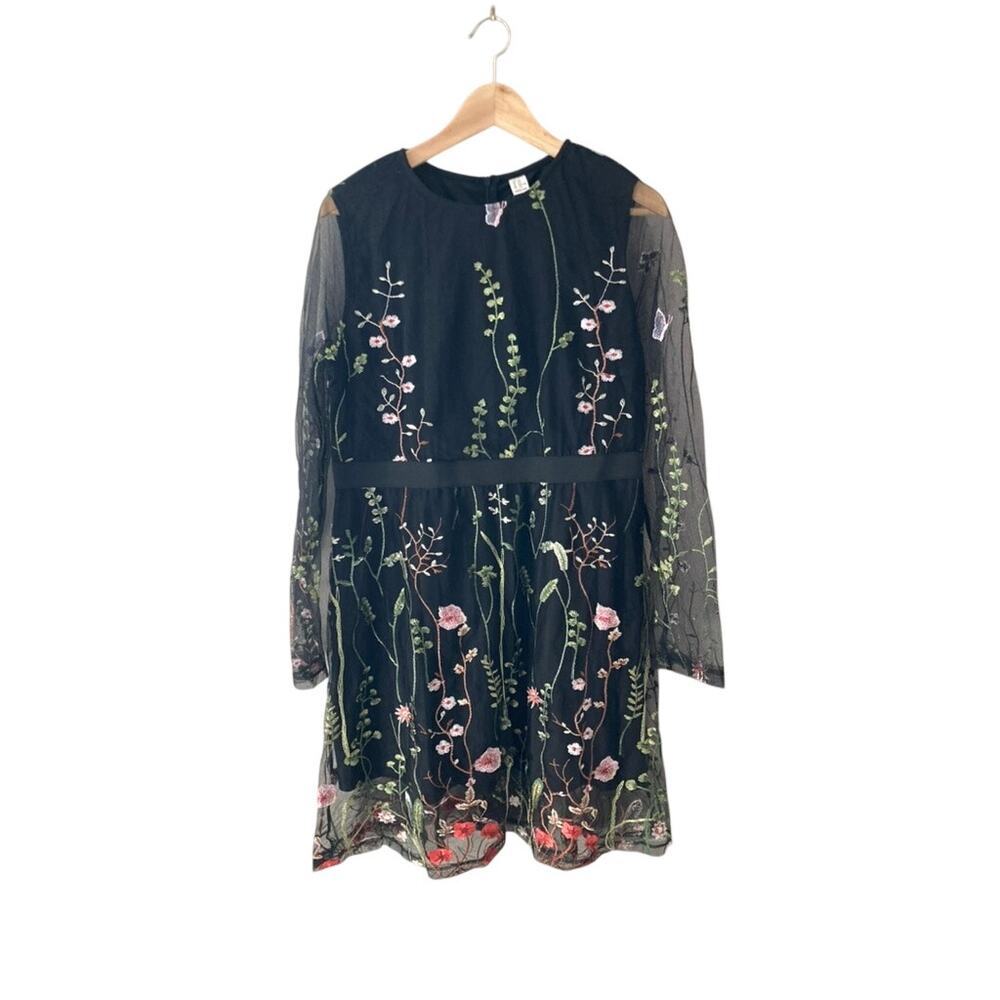 Milumia NEW Black Floral Embroidered Dress - Long Sheer Sleeves XXL